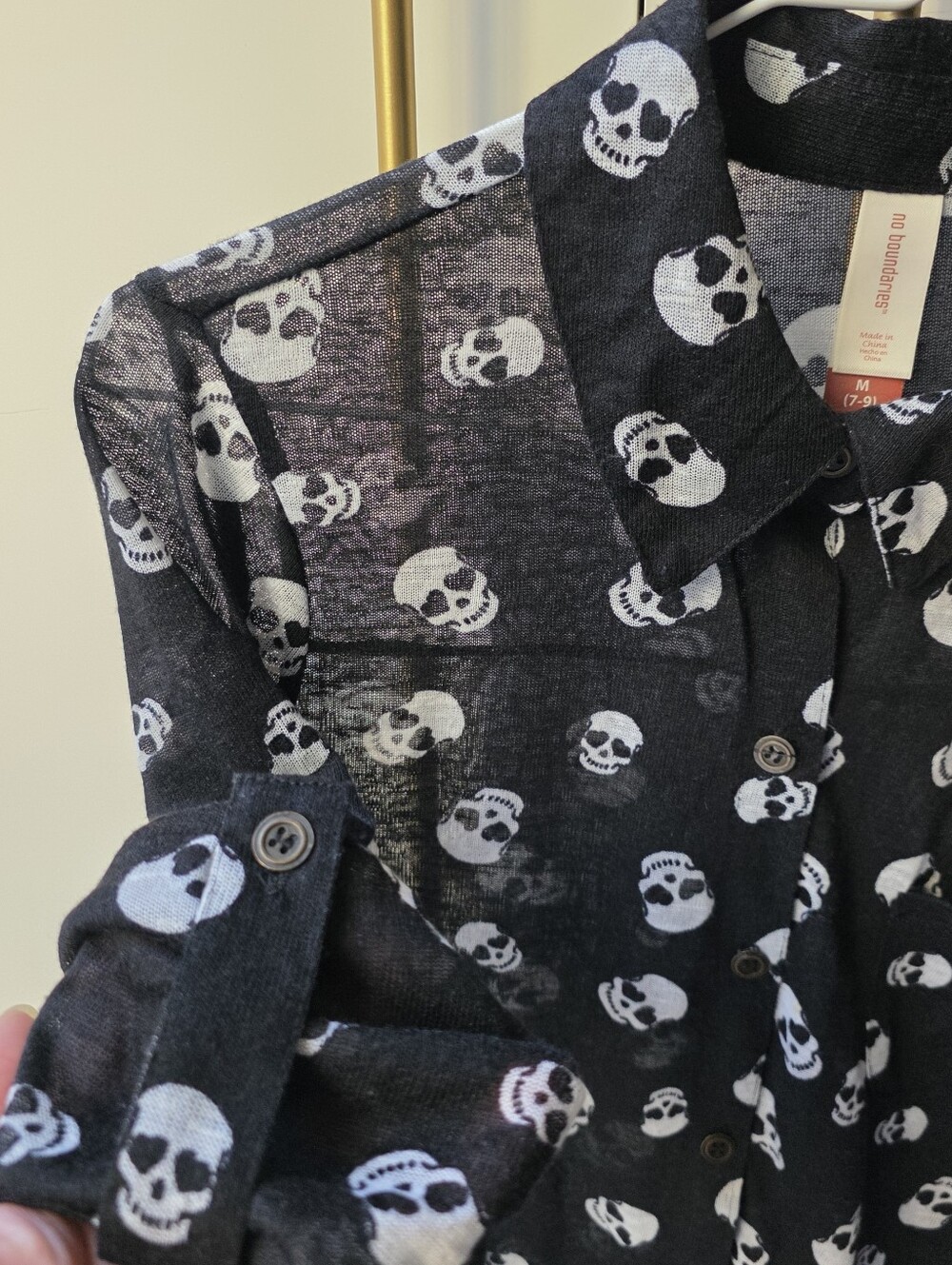 Black Semi-Sheer Skull ❤️ Print Tie-Front Button Up Top